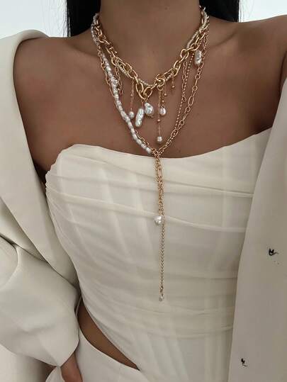 INS Minimalist Twist Chain Necklace Set, Asymmetric Faux Pearl Pendant Choker Necklace