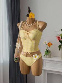 Bellisia Conjunto de 3 peças de camisola estampada xadrez feminina, top tankini e saia fofa para resort de férias