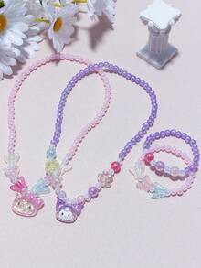 2pcs Sanrio Girls Kuromi & KT Cat Pendant Beaded Bracelet Bangle Necklace Jewelry Set, Suitable For Daily, Party, Birthday Gift, Random Color - Multicolor - View 4