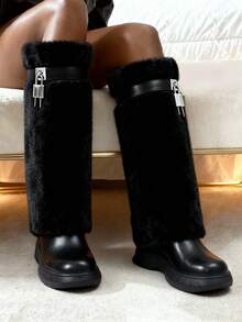 Fluffy Fuzzy Knee Boots For Women Plush Soft Furry Winter Long Boot Solid Color Round Toe Silp-On Outdoor Fall/Winter Christmas Party Snow Boots - màu đen - Xem 4