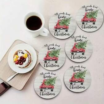 6pcs Holiday Full Route Lead Back Home Christmas Coasters - Wooden Drink Coaster Set, Designed As "HOME", Ideal For Holiday Gifts, Housewarming, And Suitable For Young People, Christmas Decor/Coasters, 1 Set Of 6, 300 Sets Of 1800 Pieces
