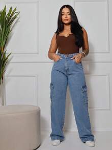 Women's Light Marbled Wide Cargo Jeans - Medium Wash - View 4