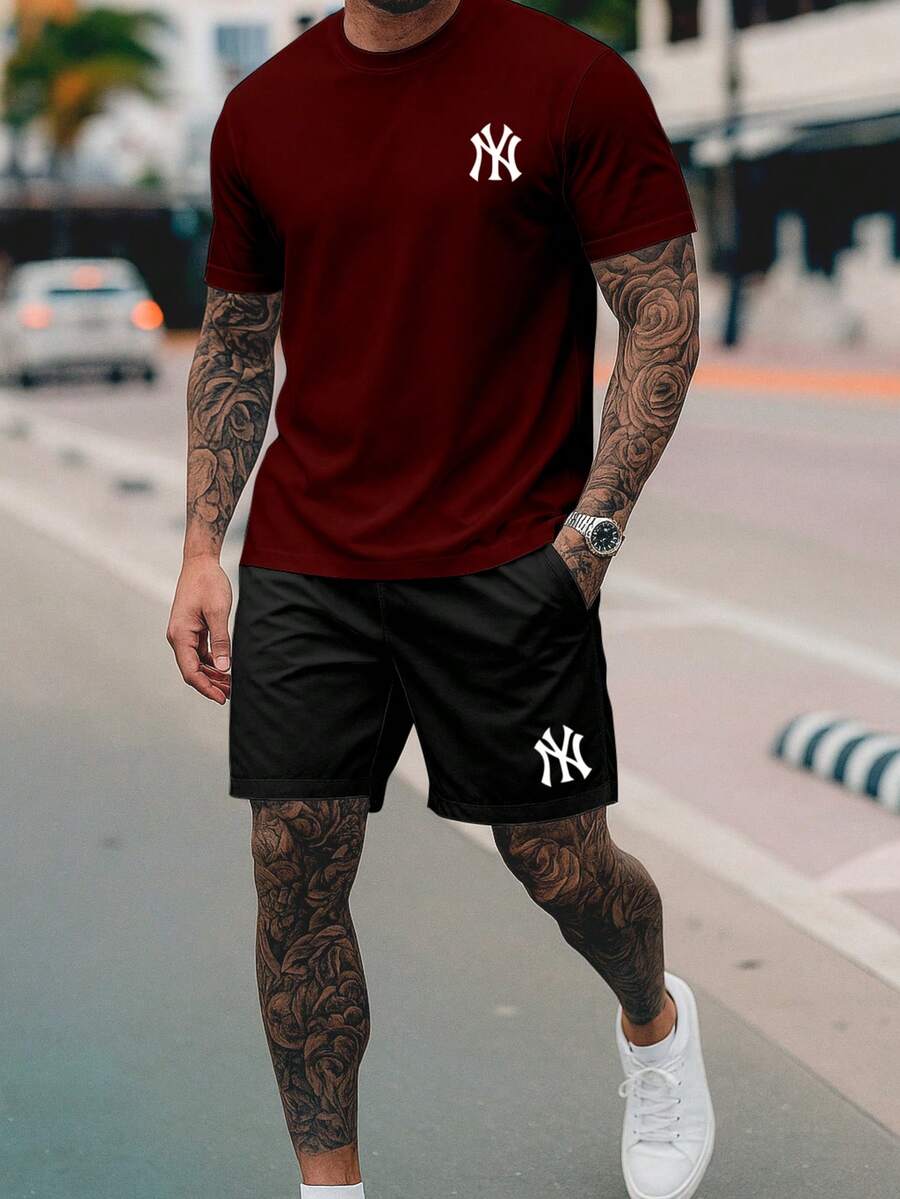 NY Streetwear T-Shirt And Shorts Kit Premium Cotton Shirt Set 26.1 - 勃根地紅/黑色短褲 - 查看 1