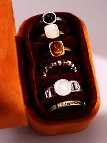 6pcs/Set Vintage Elegant Colorful Gemstone & Rhinestone Inlaid Tiger Eye Stone Women's Ring Set, Holiday Jewelry