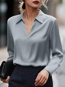 elfnokto Blusa elegante da donna con scollo a V, tinta unita, leggera, con mezza patta, manica lunga, adatta per l'ufficio, primavera/autunno - Grigio Chiaro - Visualizzare 3