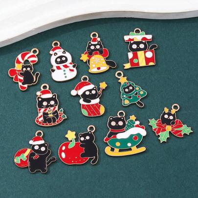 10 قطعة عشوائية من سلسلة عيد الميلاد قطرات الزيت، قطة سوداء، رجل ثلجي، قصب السكر، صندوق هدايا تفاحة، مواد حرفية لصنع الأقراط والأساور والقلادات وسلاسل الهاتف والمفاتيح