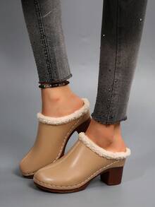 Pantuflas de mujer tipo mula de estilo retro con, parte superior + ribete cálida + costura blanca + diseño de tacón grueso, estilo casual vintage para uso diario, ir y venir, compras, atuendos versátiles, cómodas y de moda, forro