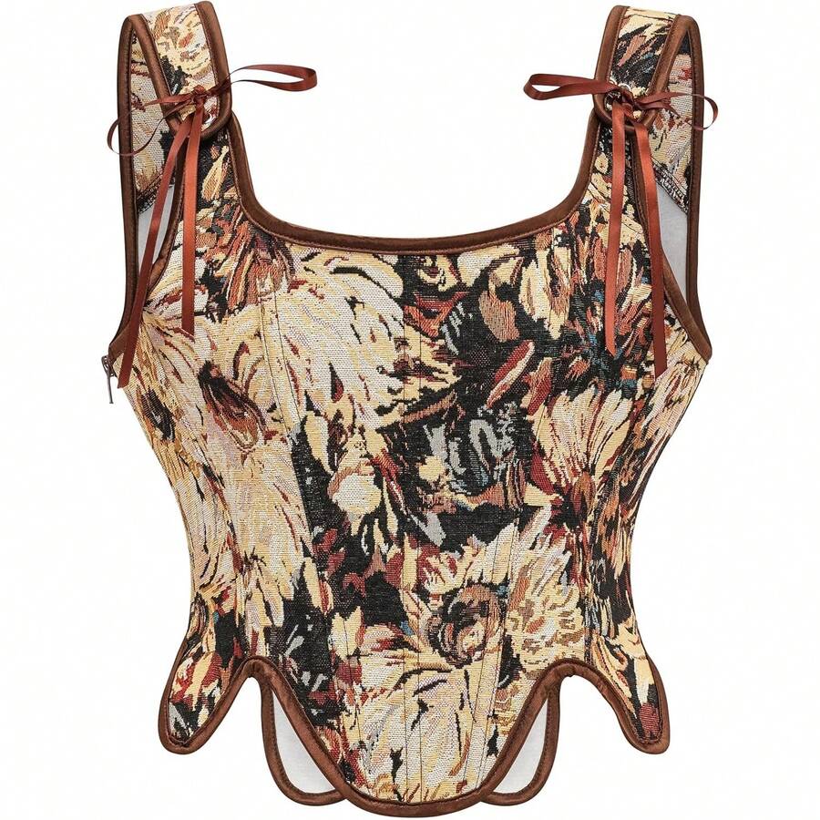 Women's Waist Cincher Bustier Boned Corset With Design In 2025 - Brown Retro Country Style - View 1