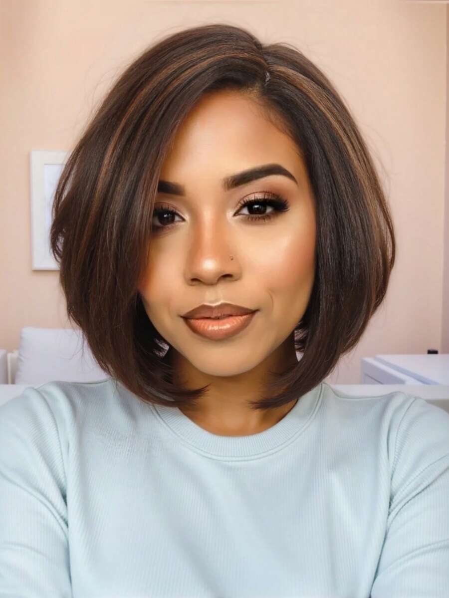 Short Side Part Bob Wigs Straight Highlight Brown Hair Wig Bowl Cut Cosplay Wig Heat Resistant Natural Looking Synthetic Full Wigs For Black Women - 挑染棕色 - 查看 1