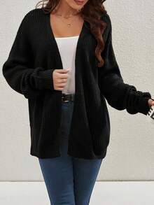 1 件大码黑色 V 领落肩长袖针织开衫，带罗纹针织细节，适合秋冬季