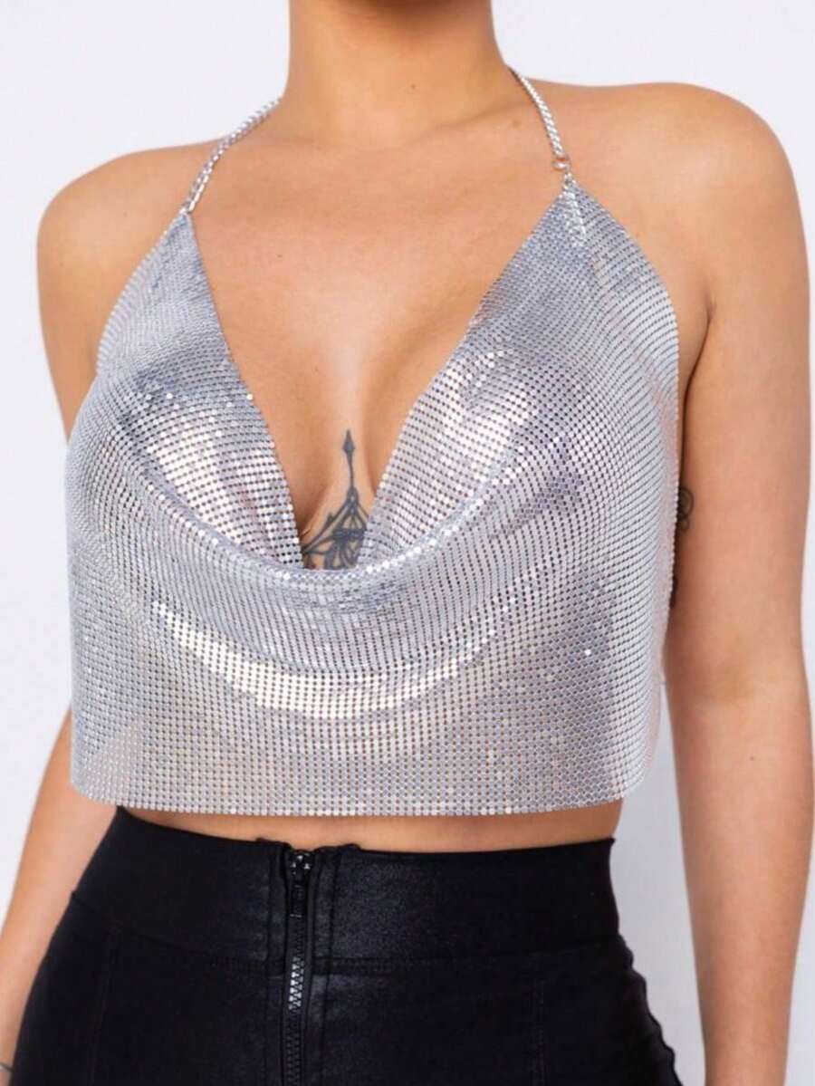 Women's Crop Top With Sexy Metallic Chain And Open Back - Bạc - Xem 1
