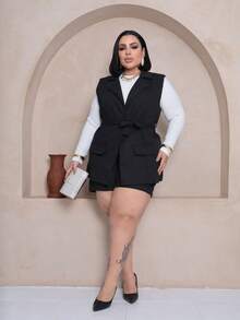 Women's Plus Size Linen Set – Shorts With Lining And Vest With Belt (GG To G2) - 黑色 - 查看 2