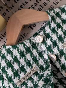 3 件套幼儿女童时尚红色格子夹克、高领上衣和玫瑰纽扣裙，秋冬 - 綠色 - 查看 5