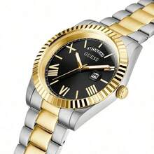 Guess Reloj de cuarzo analógico clásico y elegante para hombres con pantalla de día/fecha, esfera negra redonda y correa de acero inoxidable bicolor plateada y dorada, adecuado para uso diario de negocios, regalo de cumpleaños para hombres - Negro a - Ver 7