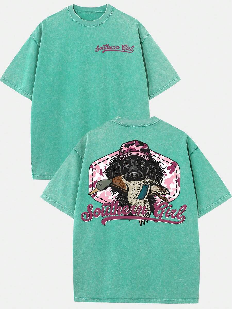 (230g T-Shirt)Women's Washed Cotton "Southern Girl" Pink Camo Dog & Duck Graphic Tee, Oversized Casual Crewneck Short Sleeve T-Shirt, Vintage Festive Style Top - 綠色 - 查看 1
