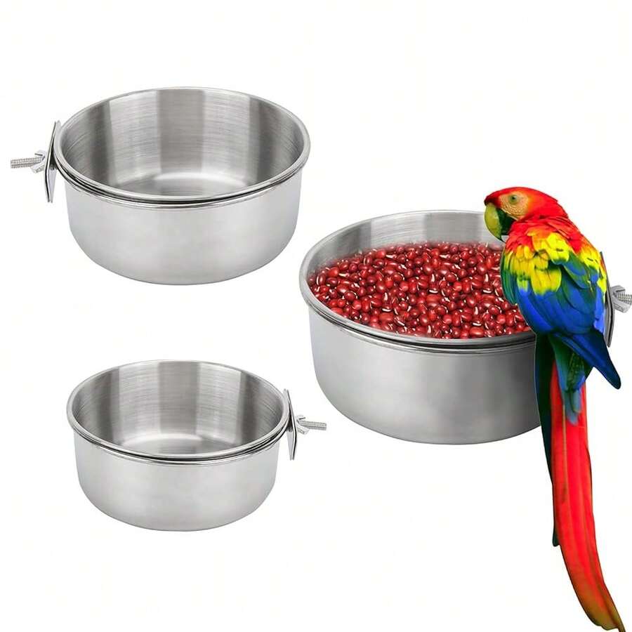 Bird Feeding Dish Cups 3 Pack Parrot Food Bowl Cage With Clamp Holder Stainless Steel Birdcage Coop Water Feeder For Cockatiel Conure Budgies Parakeet Macaw Finches Lovebirds Small Animal (S+M+L){"Size_name":"S+M+L"} - S+M+L - 查看 1
