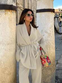 2pcs Women's Casual Street Style Solid Color Wrap Collar Top And Straight Leg Pants Set, Spring/Summer - Apricot - View 4