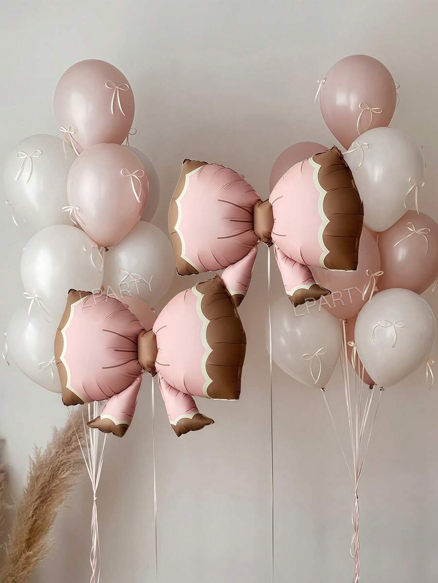 20pcs/Set Dreamy Pink Party Decoration Balloon Set, Matte Pink Bow-Shaped Foil Balloons, 10-Inch White And Macaron Pink Latex Balloons, Suitable For Birthday, Baby Shower, Pink-Themed Birthday Party Decor, Princess Party