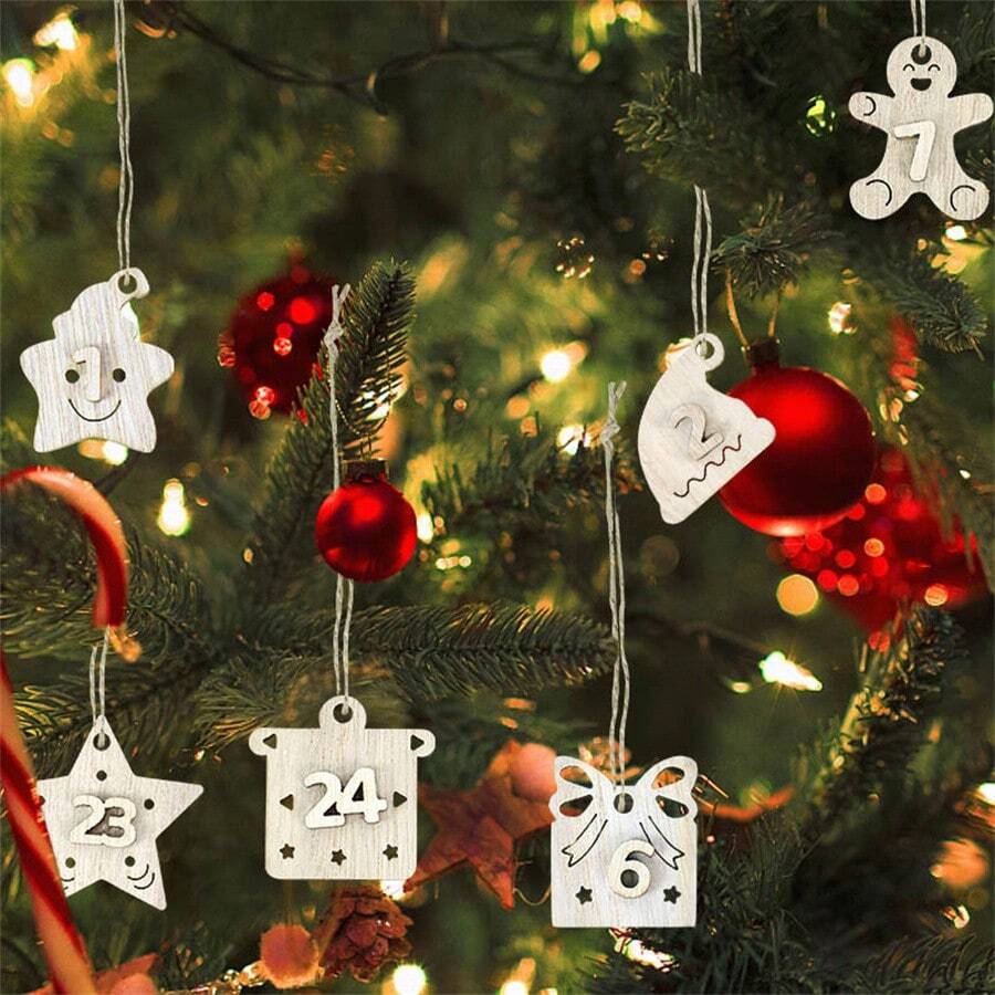 24pcs Christmas Advent Calendar Wooden Pendant 1-24 Numbers Countdown Wood Chips Xmas Tree Hanging Ornament New Year Gift Decor - Multicolor - View 1