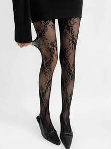 1/2 Pair Black Floral Pattern Women Fishnet Socks, Lace Trim Hollow Out Sexy Retro Rose Vine Leaf Breathable Pantyhose - Black - View 6