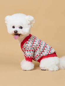 Pet Cardigan Sweater With Button Closure, Cute Heart Print, Warm For Cats & Dogs In Autumn/Winter - Red - View 8