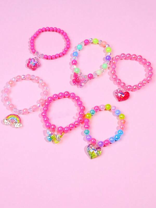 3/6 pièces Ensemble de bracelets en perles avec motifs mignons de papillon, cœur, fleur. Bracelets à perles multicolores avec charms, convenant pour l'école, les anniversaires, les fêtes, les cadeaux, le décontracté, le port quotidien. Couleurs aléatoires