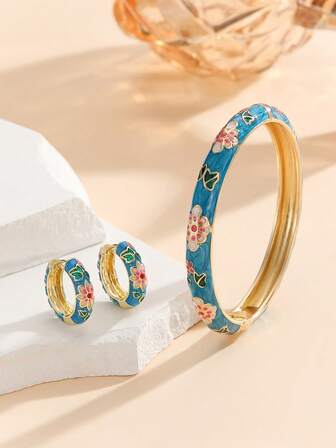 1 Set de joyería de pulsera y aretes con baño de oro y patrón de flor esmaltado de estilo cloisonné de moda para niñas y mujeres