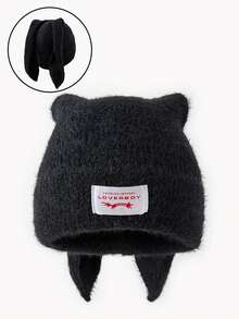1pc Men's Personalized Cat Ear Sewn Label Y2K Fluffy Long Ear Knit Beanie, Suitable For Autumn/Winter Warmth And Daily Wear Winter Clothing - C - View 23