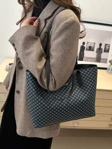 复古字母印花单肩手提包，大容量单肩包，通勤必备，母亲节礼物 - 黑色 - 查看 7