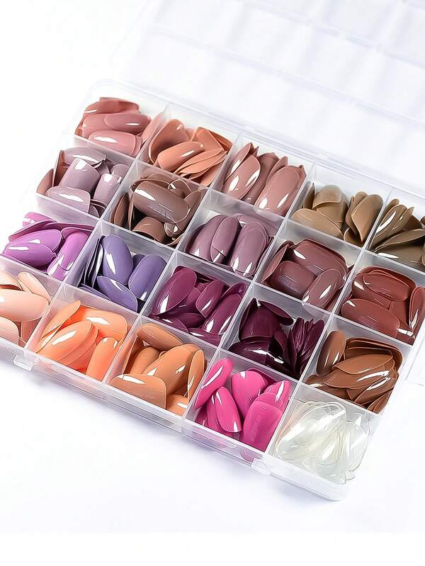 480-Piece Mixed Color Oval Press-On Nails Set - Medium Length, Solid Color Glossy Finish Artificial Nail Tips Kit For Women And Girls