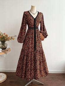 Rusttydustty Robe noire et rouge à manches longues et col en V imprimé vintage, robe de cocktail élégante bohème d'automne pour le thé et les vacances de printemps - Noir - Voir 4