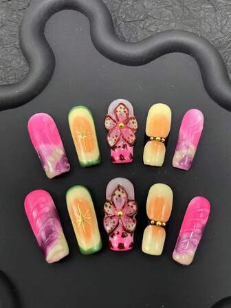 10 Pieces Of Pure Handmade Nail Press Nails 33mm Square Long Nail Three-Dimensional Modeling Glue Carving Technology Multi-Color Matching Fashion Versatile Suitable For Women To Wear Three Sizes To Choose From Suitable For A Variety Of Occasions Parties, Dances And Daily Wear