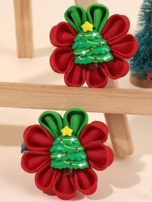 2pcs Girls Christmas Flower Hair Clips, Cartoon Christmas Tree & Bell & Santa Claus Accessory Decor Flower Clips, Classic Christmas Color Satin Ribbon Flower Hair Clips, Cute Festive Hair Accessories For Toddlers/Kids, Perfect For Christmas Parties, Holiday Gatherings, Winter Outfits & Family Photos, Adorable Xmas-Style Flower Hair Ornaments