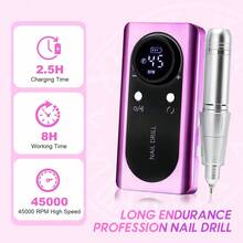 45000RPM Rechargeable Nail Drill Machine With LCD Low Noise Professional Nail Polish Multifunctional Grinder12 Drill Bits+56 Sand Bands - 粉色 - 查看 3