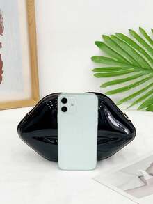 时尚链条亮面唇形女士斜挎包独特迷你包，漆皮小包 - 黑色 - 查看 4