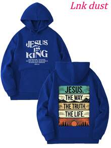 Y2K "Jesus: The Way, Truth, Life – Vintage Faith Hoodie" Print,250g Polyester Men's And Women's Clothing Casual And Cozy Hoodies Leyo,  Long Sleeve Hooded Sweatshirt, Casual Versatile Top For Autumn Winter - 藍色 - 查看 1