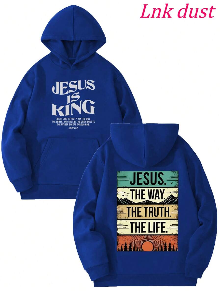 Y2K "Jesus: The Way, Truth, Life – Vintage Faith Hoodie" Print,250g Polyester Men's And Women's Clothing Casual And Cozy Hoodies Leyo,  Long Sleeve Hooded Sweatshirt, Casual Versatile Top For Autumn Winter - 藍色 - 查看 1
