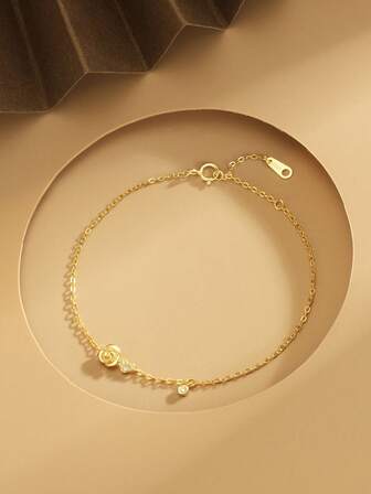 1pc S925 Sterling Silver Bracelet, Vintage Rose & Heart Zirconia Gold Plated Minimalist Fashionable Versatile Bracelet, Gift For Best Friend/Girlfriend, Daily Wear Accessory