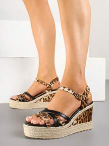 Woven Wedge Sandals With Interwoven Leopard Straps - Black - View 2