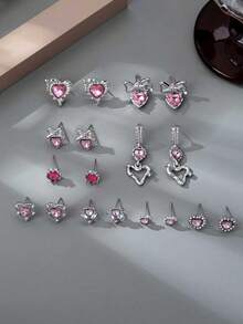9 Pairs Cute Pink Gemstone Stud Earrings Set, Exuding Sweet And Charming Girlish Vibe, Suitable For Women To Wear On Dates, Gatherings With Friends, Campus Activities, Etc.