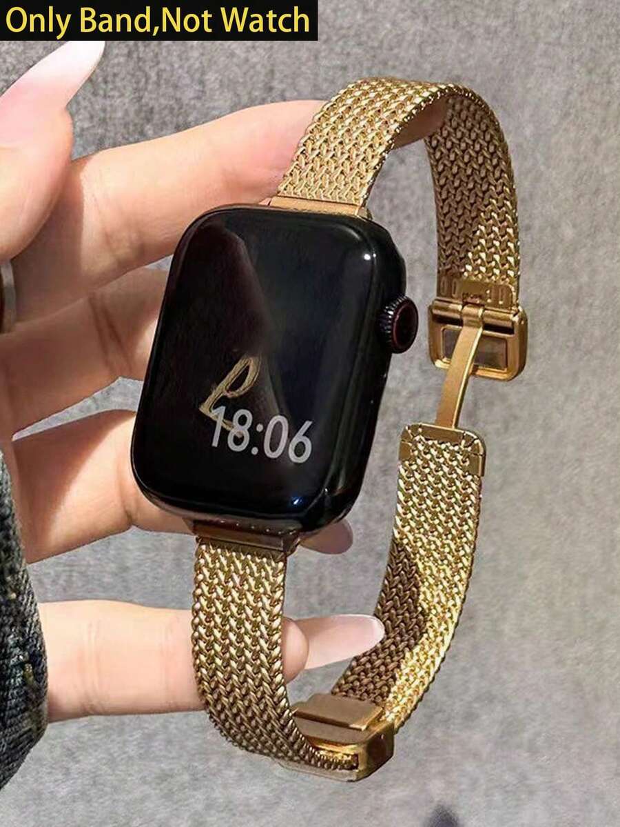1 pièce Bracelet compatible avec Apple Watch pour femmes, bracelet en métal magnétique étroit de 14 mm de large, doré, compatible avec les tailles d' 46/45/41/40/42/38/49/44 mm, convient pour Apple Watch SE/S11/10/9/8/7SE4/5/6/3/2/1 Ultra 3/2/1, design à motif tressé, bracelet de montre intelligent en métal fin pour l'automne et l'hiver. Accessoires , bracelet de montre doré