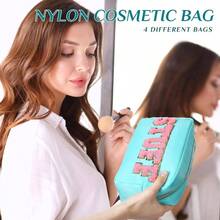 4 bolsas de cosmticos de nailon, organizador de viaje, con letras de chenilla, bolsa de maquillaje con cierre, impermeable, bolsa de aseo para mujeres y nias, Blanco cremoso, rosa claro, - Azul claro - Ver 7
