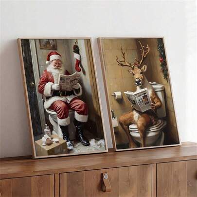 2-Piece Set, Unframed Christmas Holiday Santa Claus & Deer Newspaper Art, Vintage Toilet Decor, Retro Bathroom Poster, Modern Home Wall Print, Canvas Art For Restroom, Dorm, Apartment, Living Room, Bedroom, Indoor Use, Horizontal, Ink On Canvas