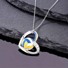 1Pc Volleyball Interlocking Heart Pendant Necklace, Charming Sporty Jewelry For Girls Sport Lovers, Heart Shape Fresh Lively Soft Romantic Vibe, Slim Easy Match Daily Outfits Beach Graduation Trip Holiday Camping, Stylish Everyday Fashion Accessory - Silver - View 5