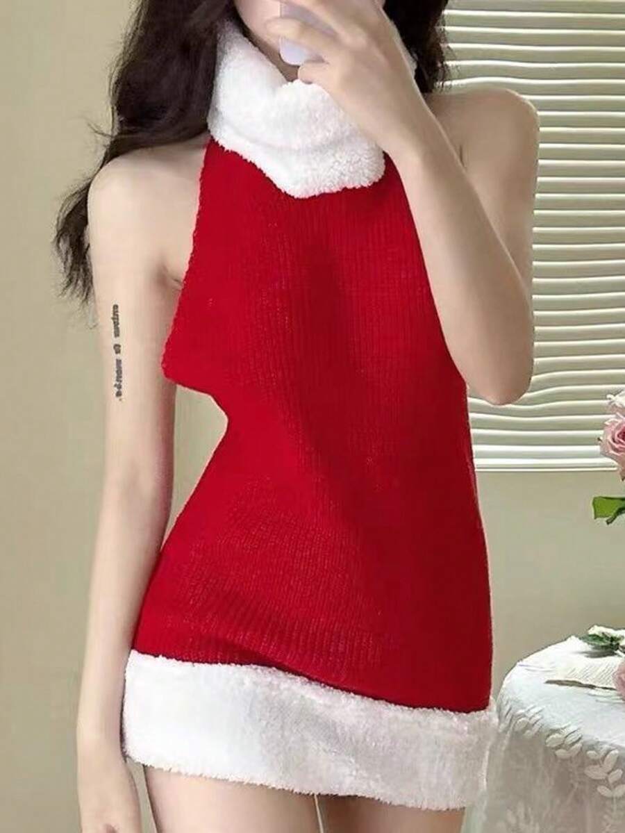 1 套全新圣诞礼物羊羔领露背角色扮演毛衣，性感修身睡袍，适合女士，秋冬 - 紅色 - 查看 1