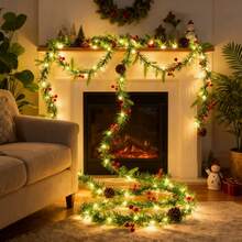 Christmas Garland Decoration Artificial Xmas Garland With Cones, Berries And Led Lights ,2.6M 8.5FTBattery Operated Pre Lit With Lights For Decorations Door Stairs Fireplaces Christmas Wreath ,Table Centrepiece