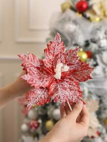 1 pièce Fleur de Noël avec flocons de neige 24 cm. Décorée avec des flocons de neige, décoration de sapin de Noël, fleur de fête durable pour l'extérieur/intérieur, convient pour la maison, le jardin, la terrasse, fleurs de Noël, décoration de jardin, affichage de fleurs vives, design de pétales complexe, le meilleur pour Noël