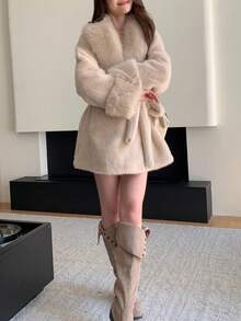 Women's Solid Color Long Sleeve Faux Fur Collar Tie Waist Christmas Jacket - Apricot - View 5