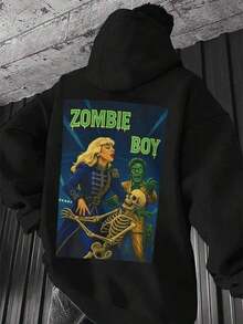 Men's Pullover Hoodie Featuring A Zombie Boy And Skeleton Graphic,Casual Long Sleeve Sweatshirt,Unique Streetwear Style,Comfortable Fit,Great For Everyday Wear,Fall Hoodies,Men's Fall Clothes,Street Wear,Halloween,Mens Hoodies,Y2k Clothes,Jesus Hoodie,Thanksgiving Day,Nightmare Before Christmas,Christmas - Black - View 1