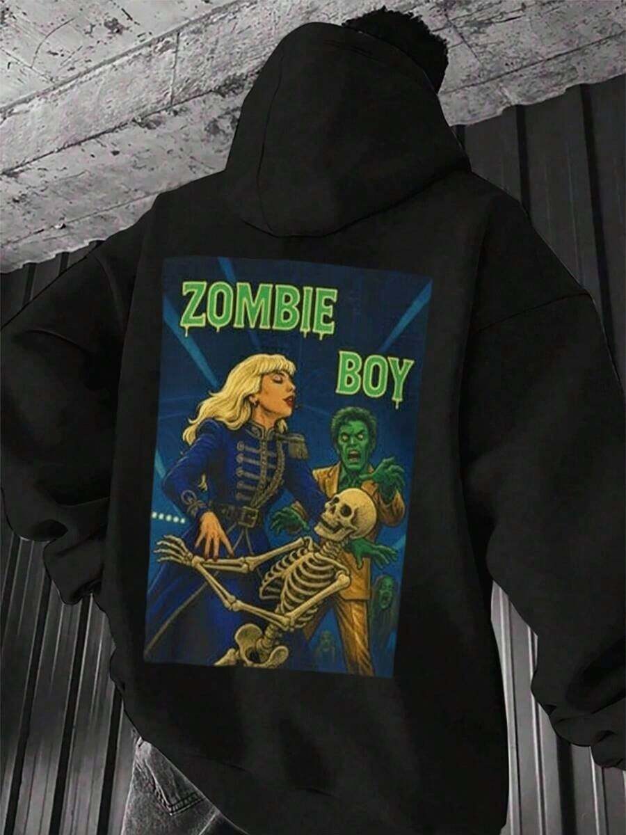 Men's Pullover Hoodie Featuring A Zombie Boy And Skeleton Graphic,Casual Long Sleeve Sweatshirt,Unique Streetwear Style,Comfortable Fit,Great For Everyday Wear,Fall Hoodies,Men's Fall Clothes,Street Wear,Halloween,Mens Hoodies,Y2k Clothes,Jesus Hoodie,Thanksgiving Day,Nightmare Before Christmas,Christmas - Black - View 1
